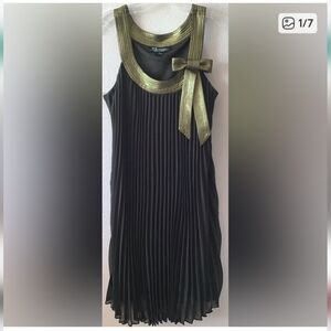 Vintage Crystal Pleated Brown Party Dress with Gold Neckline Bow size 10